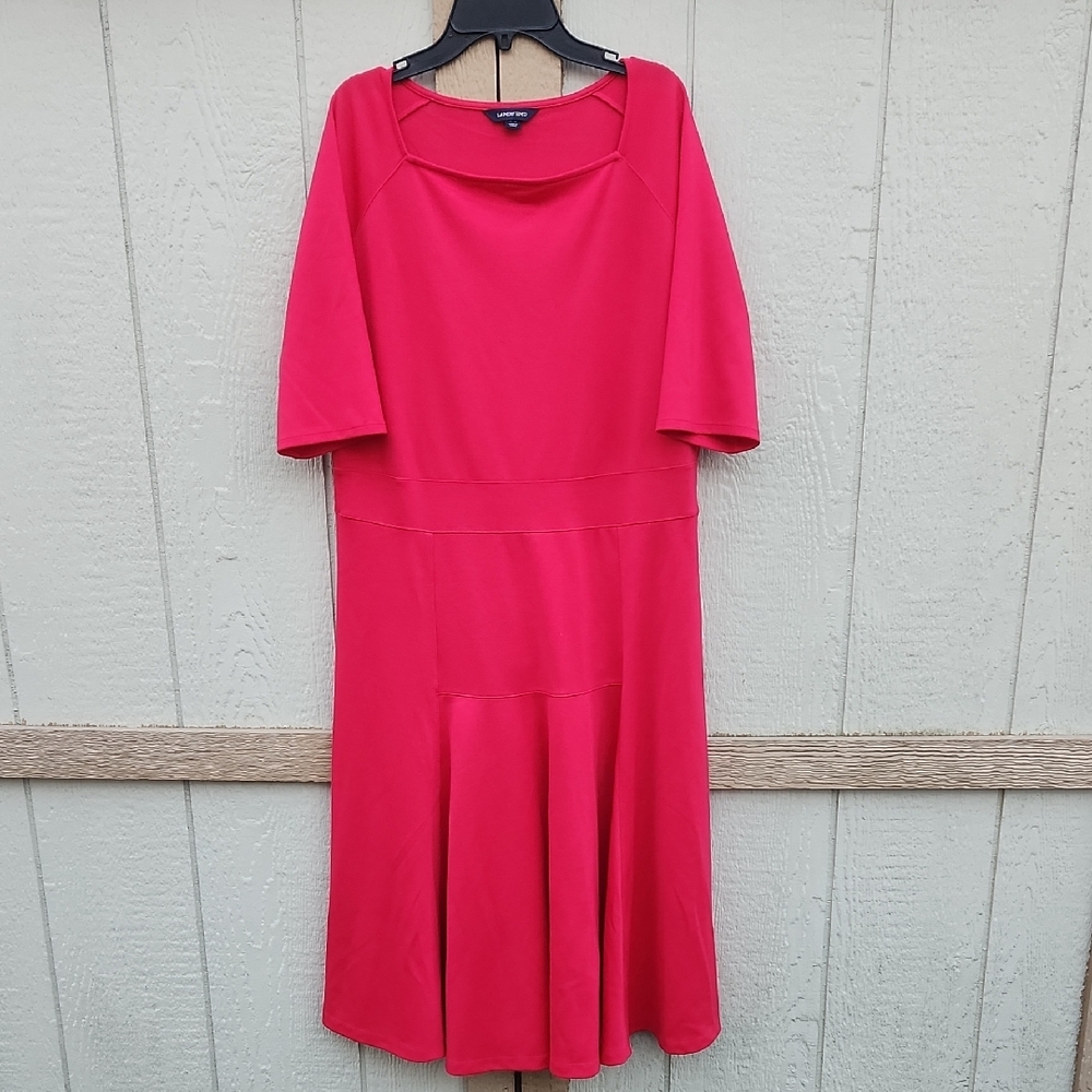 Lands End Large Midi‎ Fit And Flare Modest Dress 3/4 Sleeve Fuschia Large 14 16